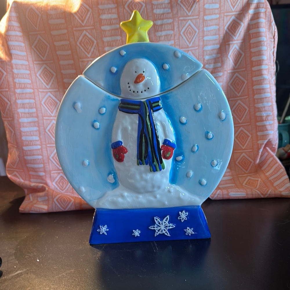 Snowman Cookie Jar with Blue and White Design